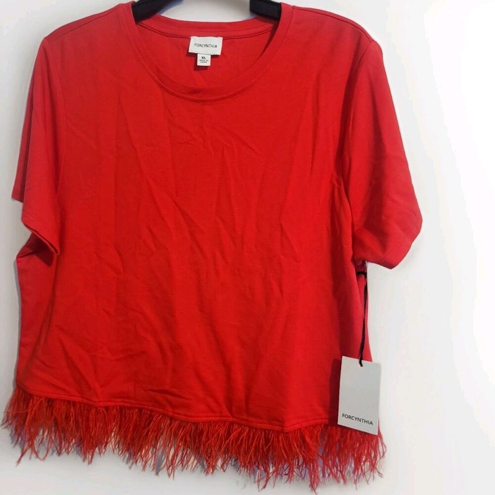 For Cynthia Red Feather Trim Short Sleeve Top Women's XL| Elevated Basic Party
